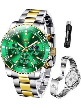 Mens Silver And Green Stainless Steel Chronograph Analog Waterproof Luxury Watch